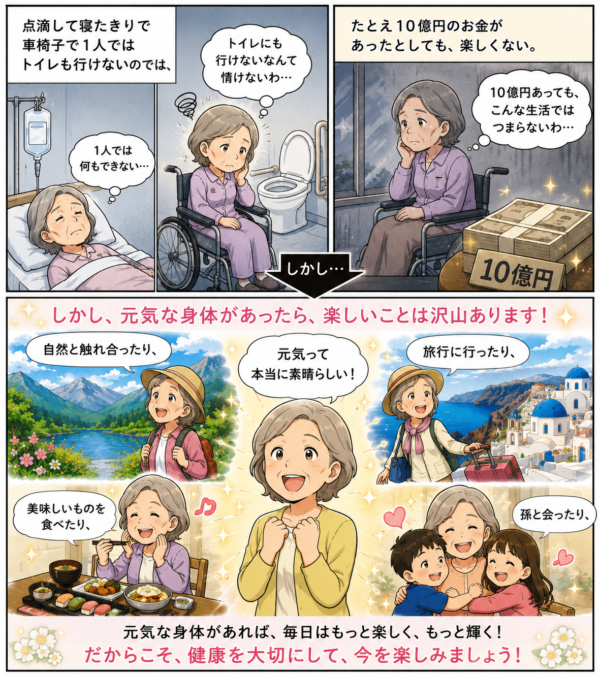 10億円あっても寝たきりでは楽しくない。元気な身体があれば、毎日はもっと楽しく、もっと輝く。